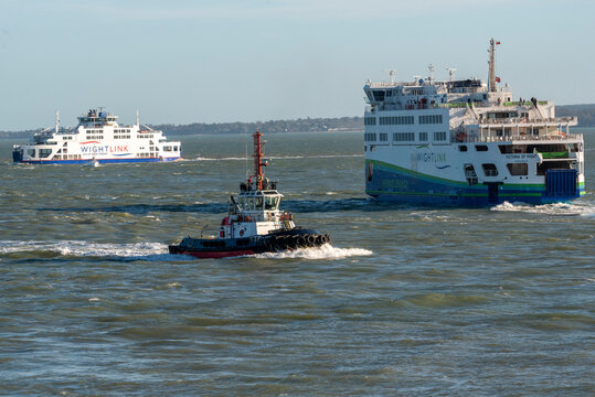Portsmouth England UK. 07.04.2026. Two roro ferries and VB Englishman a towage tug uderway on The Solent off Portsmouth UK