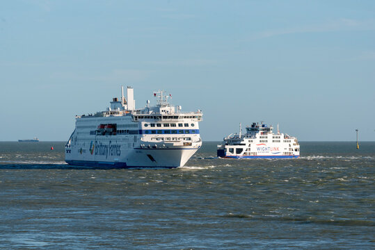 The Solent Portsmouth England UK. 07.04.2026. Inbound and outbound roro ferries cross The Solent in Portsmouth England UK.