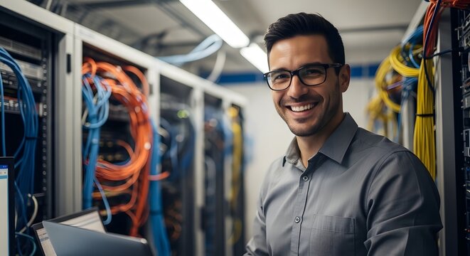 Data center engineer smiling with servers a portrait of modern technology infrastructure management