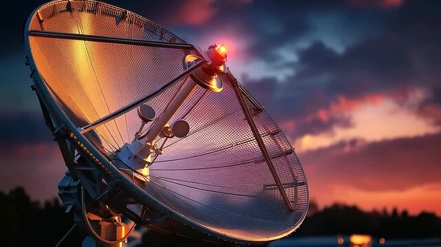 Close up of a large satellite antenna dish with detailed mesh surface and mounting bracket hardware against a vivid sunset sky with streaked orange and magenta clouds a red