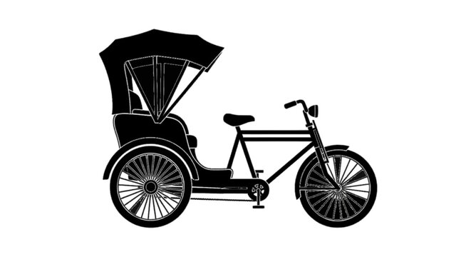 Vector illustration of silhouette of a traditional cycle rickshaw for passenger transportation on a transparent background