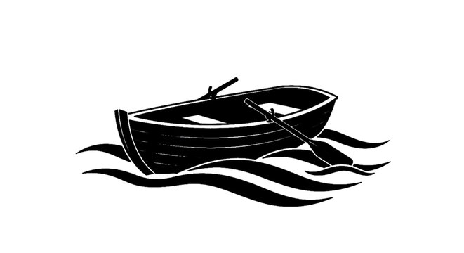 Vector illustration of illustration of a wooden rowboat with oars floating on stylized water waves on a transparent background
