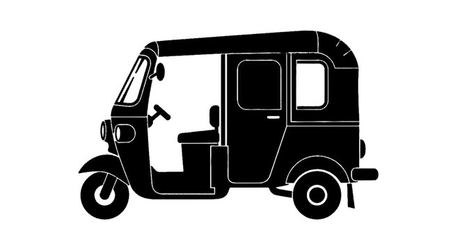 Vector illustration of black silhouette of a threewheeled auto rickshaw or tuktuk on a transparent background