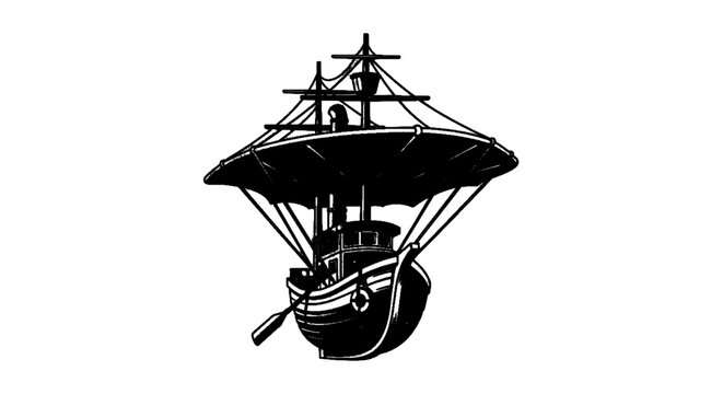 Vector illustration of vintage style illustration of a fantasy flying ship with sails and a rowing oar on a transparent background