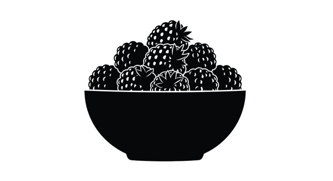 A black and white illustration depicts a bowl abundantly filled with ripe blackberries high quality professional
