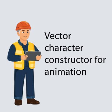 Vector senior electrician or foreman character constructor for animation. Mature worker in safety vest with digital tablet on layers. Ready to animate flat design person for industrial graphics.