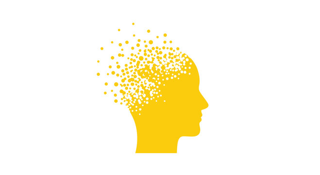 A vibrant yellow human head silhouette features a dynamic disintegration effect against a stark white background where the crown dissolves into small dots.