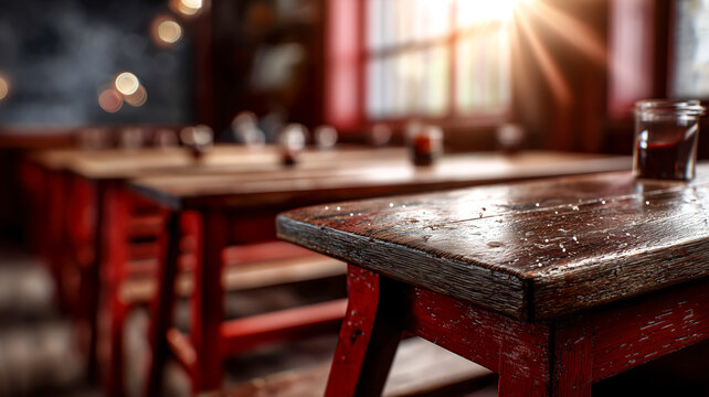 Rustic Empty Wooden Tables and Stools in a Cozy Bar Restaurant with Sunlight