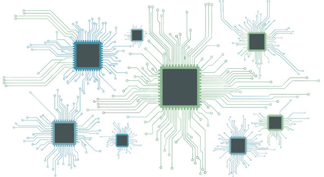 A complex network of multiple green and blue microchips connected by intricate circuit traces spreads across a clean white digital canvas background.