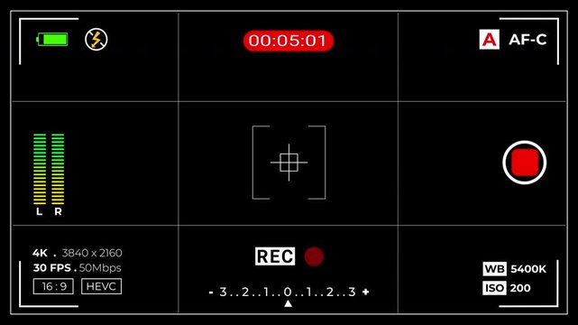 Digital Camera Viewfinder Screen Displaying Recording Settings and Timer in 4K Resolution with Audio Levels and Focus Reticle. 4K video with alpha channel