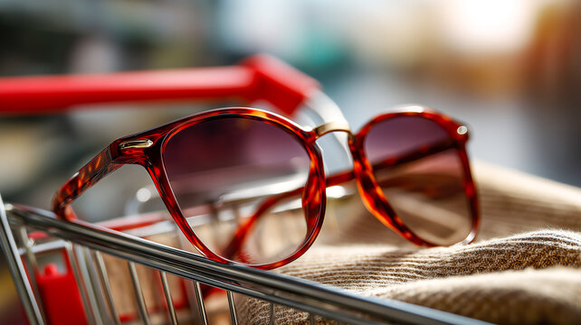 Stylish tortoise pattern sunglasses on a shopping cart with soft sunlight
