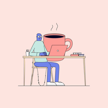 Giant Animated Coffee Mug Working at Tiny Office Desk