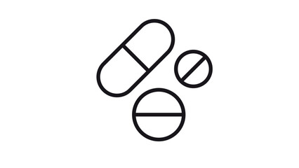 Black line art vector icon illustration of a medical capsule and two round pills, symbolizing pharmacy, healthcare, prescription medication, drugs, and pharmaceutical treatment. © MohammadMasudurRah