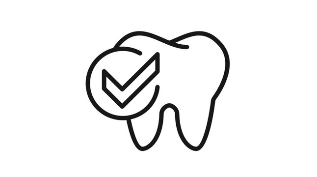 Minimalist black line vector icon of a healthy tooth with a checkmark symbol, representing dental checkup, oral hygiene, dentistry services, and tooth protection, isolated on white background.