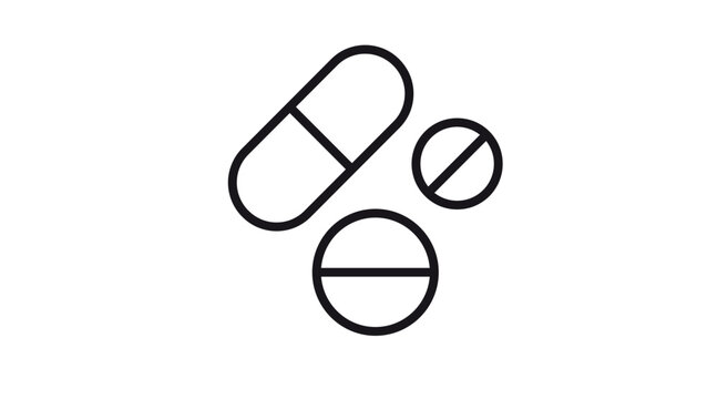Black line art vector icon illustration of a medical capsule and two round pills, symbolizing pharmacy, healthcare, prescription medication, drugs, and pharmaceutical treatment.