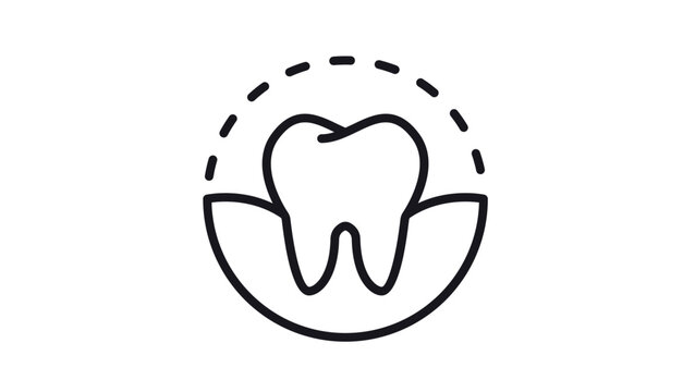 Minimalist black line art vector icon of a molar tooth sitting in gums with a dashed protective shield outline, symbolizing dental health, oral hygiene, dentistry, and tooth protection services.