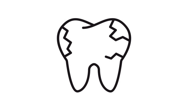 Cracked tooth vector icon illustration. Minimalist black line art symbol of a fractured molar representing dental pain, tooth decay, or cavity. Scalable graphic for dentistry and oral healthcare.