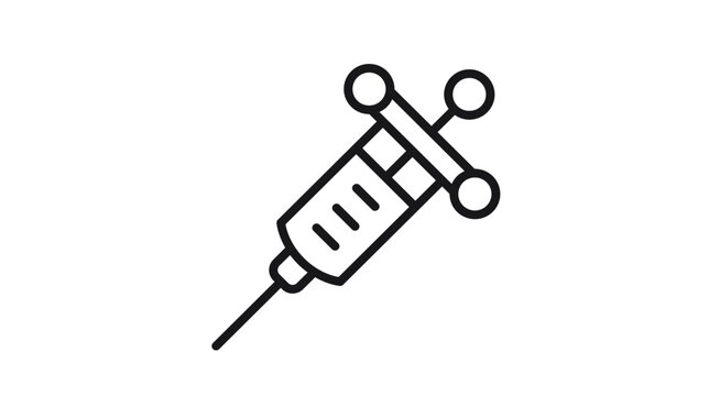 Minimalist black line art vector icon of a medical syringe with needle and finger rings, isolated on white. Professional illustration for healthcare, vaccination, medicine, and clinical treatment.