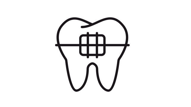 Black line vector icon of a tooth with dental braces and orthodontic bracket, isolated on white. Minimalist illustration for dentistry, dental care, orthodontics, and oral health concepts.