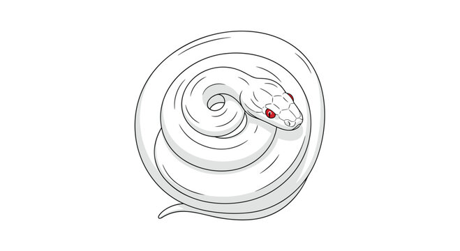 A meticulously detailed white albino snake lies coiled in a perfect circle against a pristine white background featuring vibrant red eyes and smooth scales.