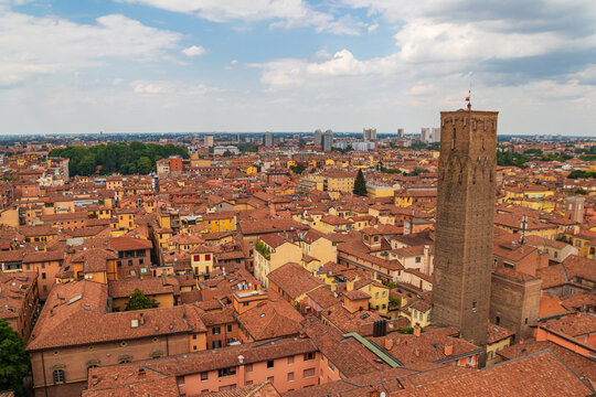 Aerial cityscape view from the Cathedral tower on Bologna old town center in Bologna, Italy
