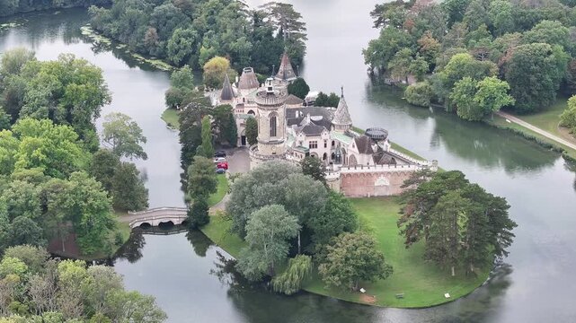 Aerial view of Franzensburg castle and park landscape.