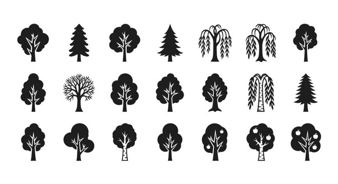 Collection of various tree silhouettes.