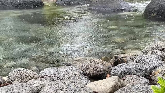 Cinematic view of a transparent pond and a bubbling stream during rain. Grey boulders visible underwater and on the shore. Atmospheric sound of rain and flowing water. Peaceful nature scene.