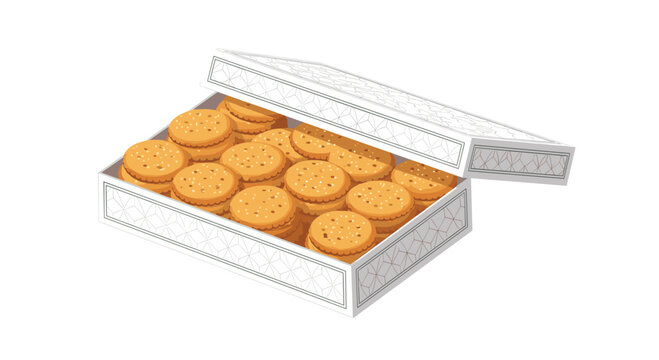 A sophisticated white gift box adorned with a delicate geometric pattern is filled to the brim with many round salted crackers on a bright white background.