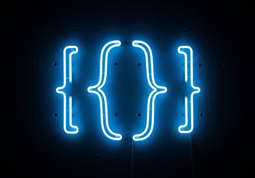 Neon Blue Glowing Curly Brackets Code Braces Graphic Symbol