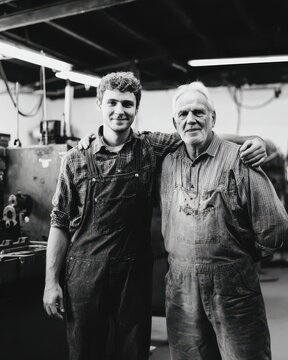 A father and son both wearing work overalls in their family machine shop, generational business connection