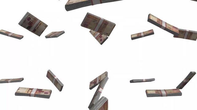 Tunisia Money, Tunisian Dinar Banknotes Falling, TND Currency Stacks, White Background, 4K