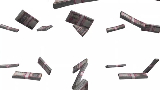 South Sudan Money, South Sudanese Pound Banknotes Falling, SSP Currency Stacks, White Background, 4K