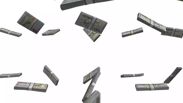 Suriname Money, Surinamese Dollar Banknotes Falling, SRD Currency Stacks, White Background, 4K