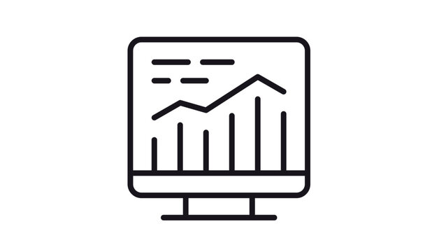Minimalist black line vector icon illustration of a computer monitor displaying a data dashboard with bar charts and line graphs for business analytics, statistics, and financial monitoring.