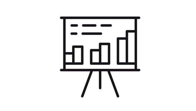 Minimalist black line vector icon of a presentation board on a tripod easel showing a bar chart and data analytics, professional business illustration for financial reports and marketing growth.