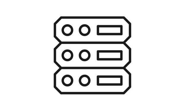 Black line art vector icon of a server rack with three units, representing data storage, cloud computing, database hosting, and network infrastructure, minimalist technology illustration.