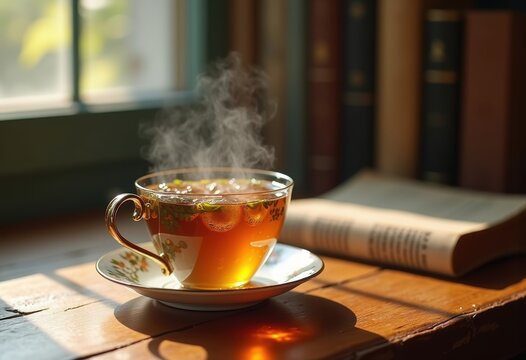 Delicate Steaming Herbal Infusion China Cup Rustic Desk Reading Nook Elegance