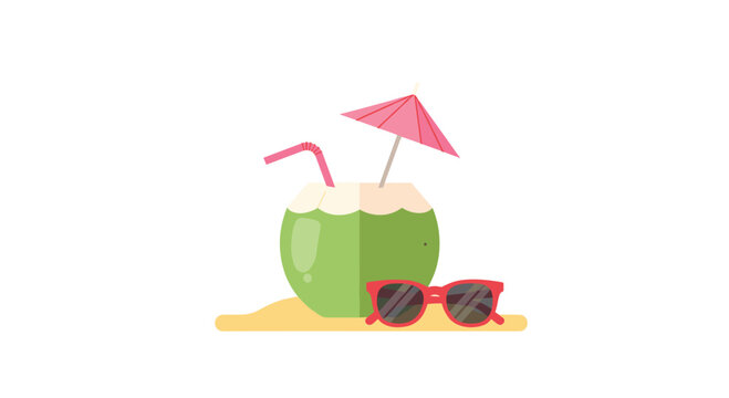 A refreshing green coconut cocktail with a pink umbrella and red sunglasses sits on a small patch of golden sand against a clean white background.