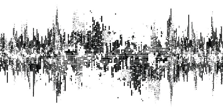 A high contrast black and white abstract graphic representation of a digital audio sound wave.