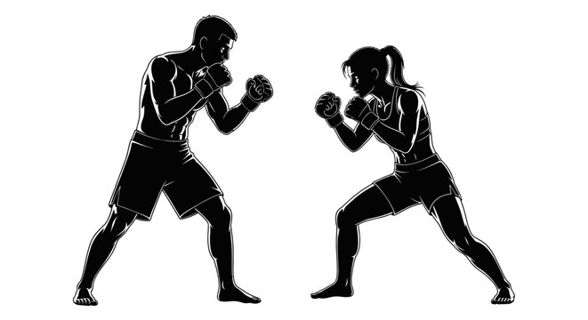 Black silhouette of man and woman boxing.