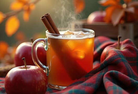 Rustic Autumn Market Apple Cider and Cinnamon Stick in Captivating Fall Scene