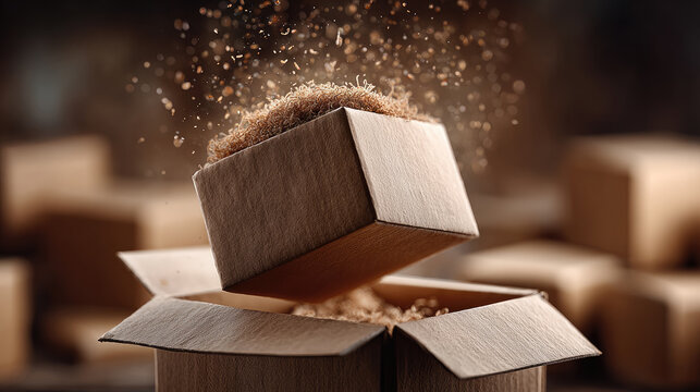 Cardboard box filled with protective wood shavings hovering over an open shipping container, illustrating secure packaging, unpacking, and parcel delivery services