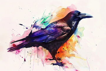 Naklejka premium A watercolor painting of a crow surrounded by vibrant splashes of color