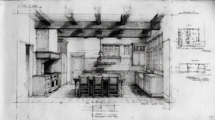 Obraz premium Architectural perspective drawing depicts a detailed interior design for a domestic food preparation area