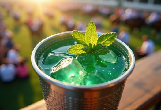 Silver Coffee Cup Mint Julep Summer Horse Race Festivity Vivid Green Reflection