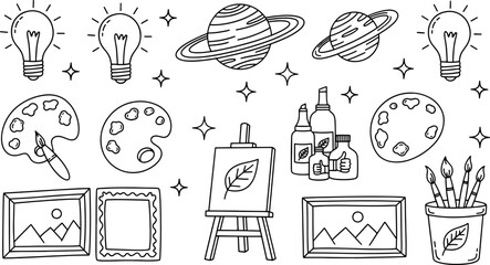 Creative inspiration and art supplies collection featuring light bulbs planets palettes easels frames and brushes in a hand drawn vector illustration doodle art and icon set © Kanon Islam