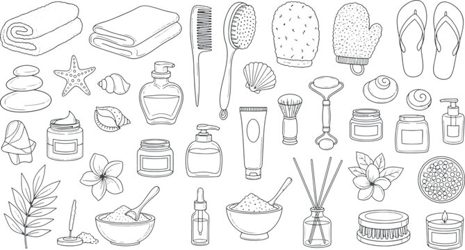 Collection of hand drawn organic beauty spa wellness skin care bathroom products and self care elements vector illustration doodle art and icon set