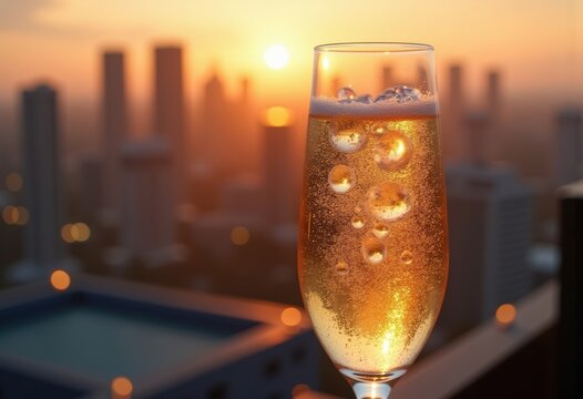 Sparkling Prosecco Bubbles in Flute atop Rooftop Horizon at Golden Hour Escape