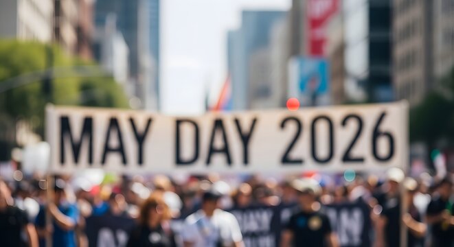 May day 2026 protest banner held by large crowd on urban city street